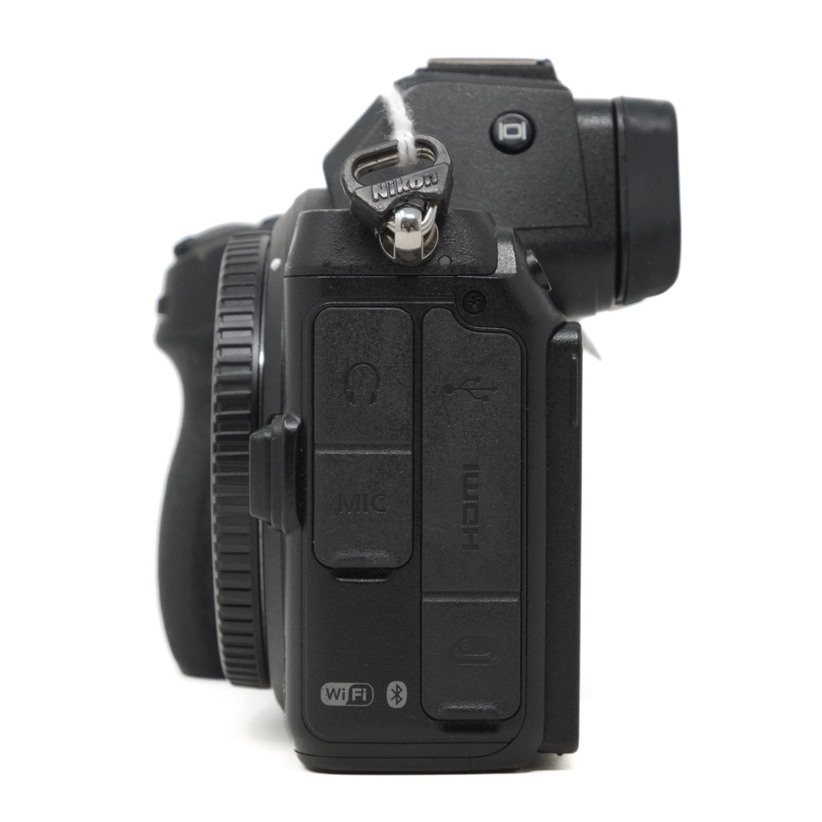 Black camera body with various ports on a white background