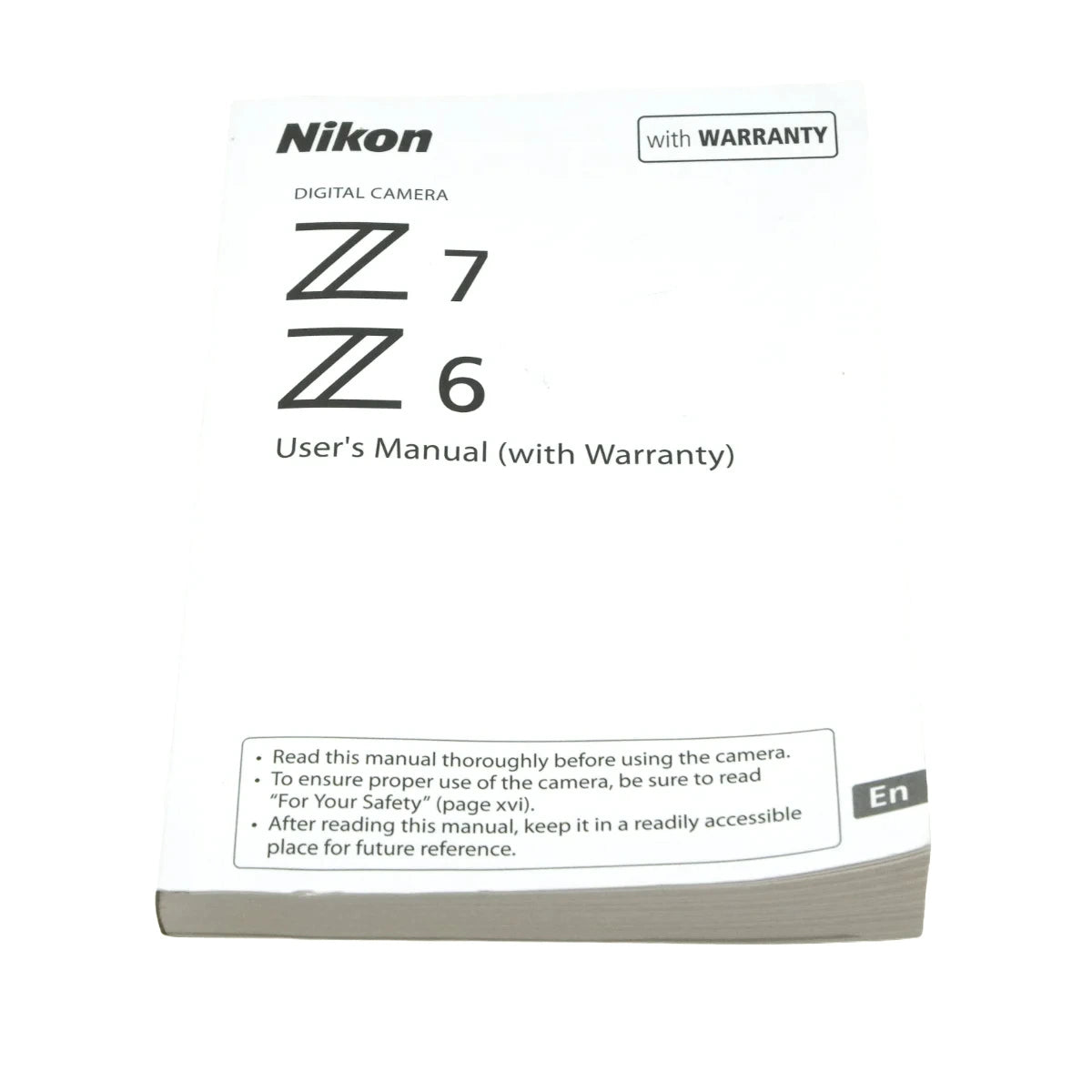 Nikon Z 7 and Z 6 digital camera user's manual with warranty, shown as a white booklet on a white background.