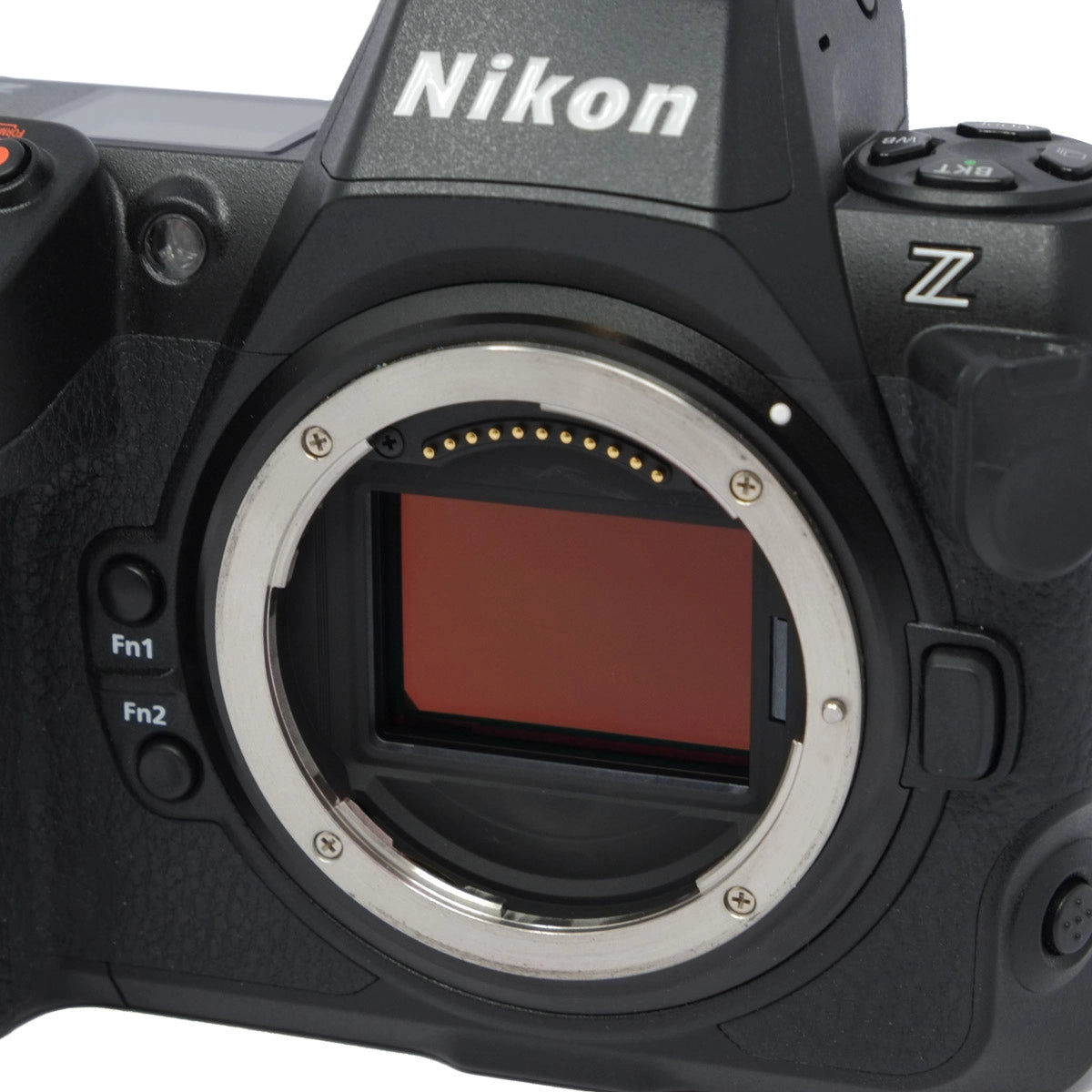 Nikon camera body with lens mount on a white background