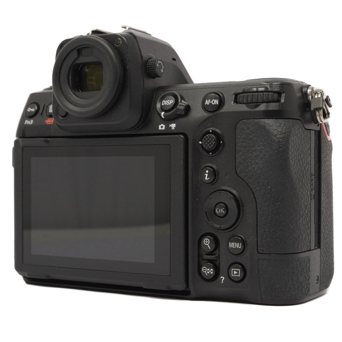 Back view of a black camera on a white background