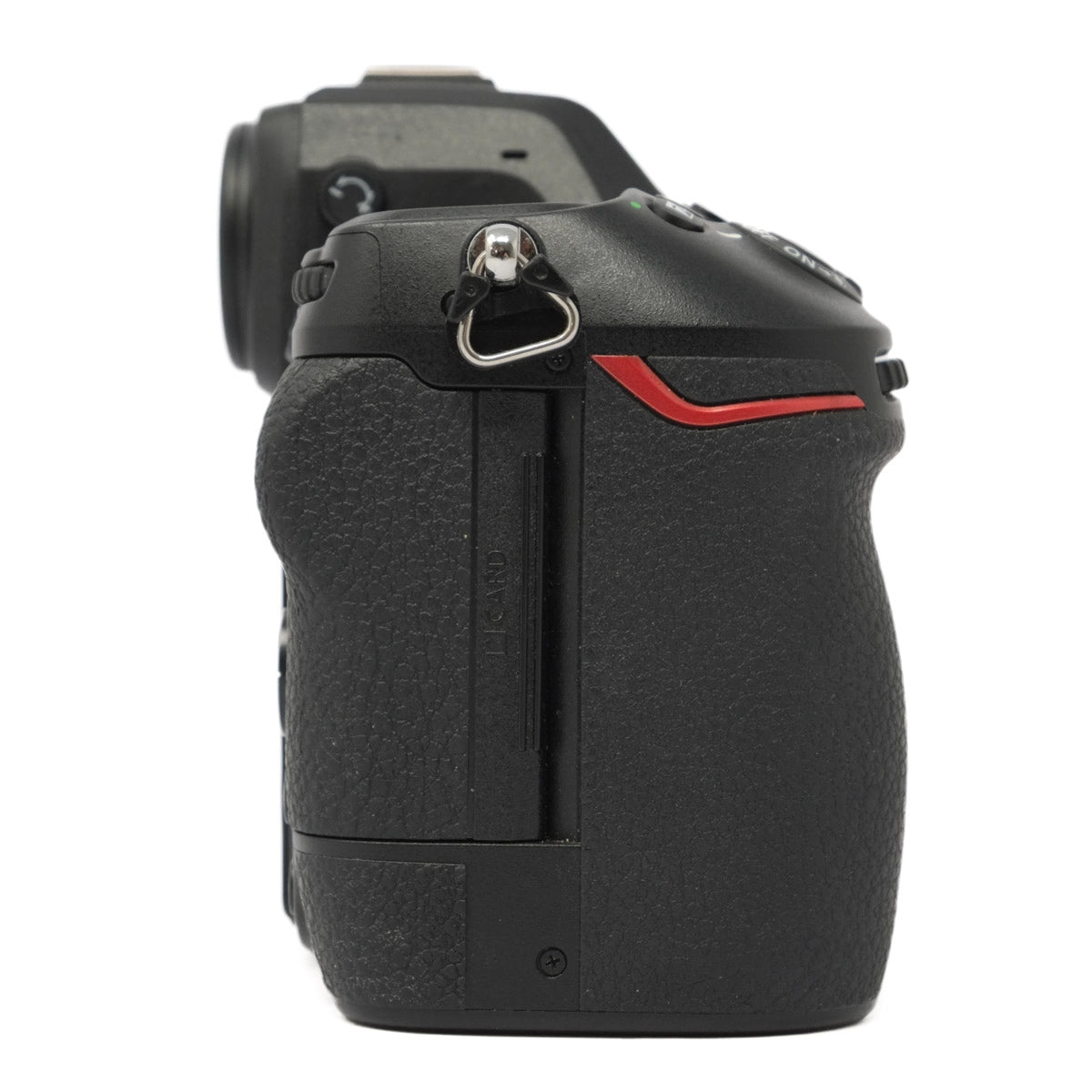 Black camera body with red accent on a white background