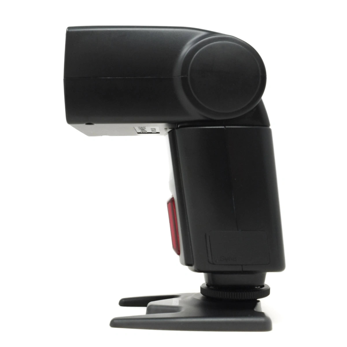 Black camera flash with adjustable arm on a white background