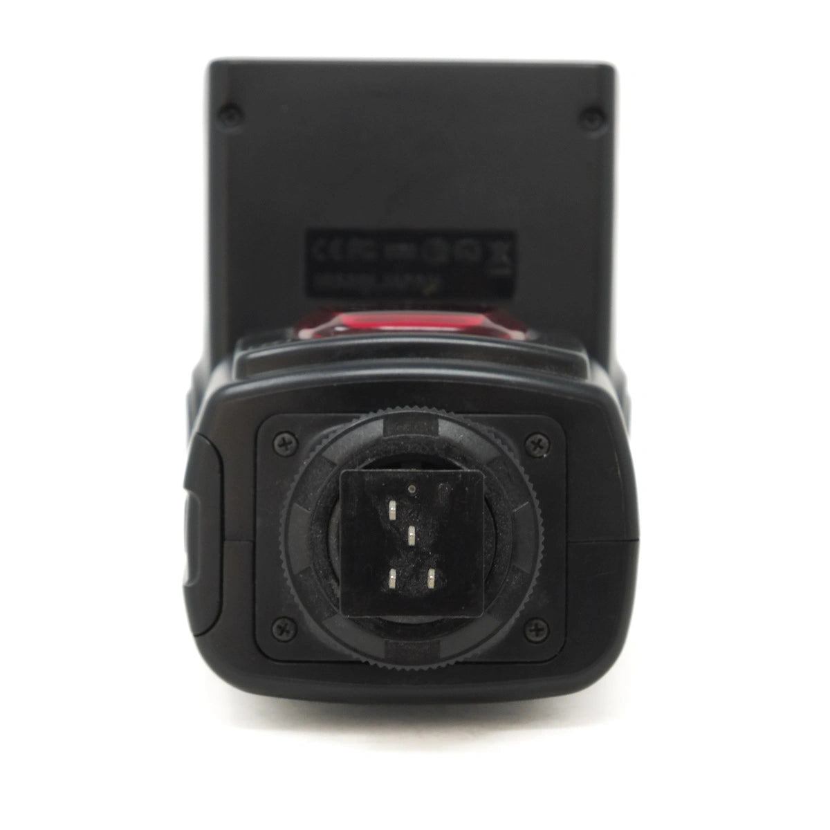 Black electronic device with a red light on a white background