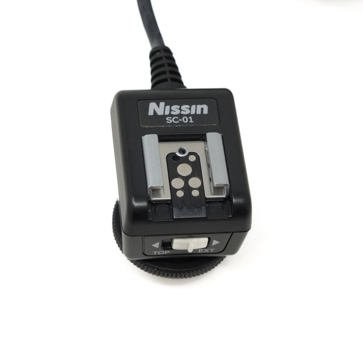 Nissin camera universal shoe cord with coiled cable on a white background