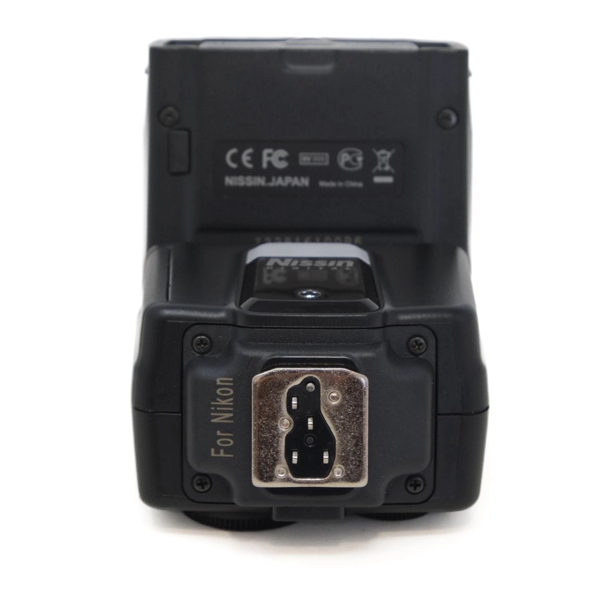 Black camera flash with Nikon branding on a white background