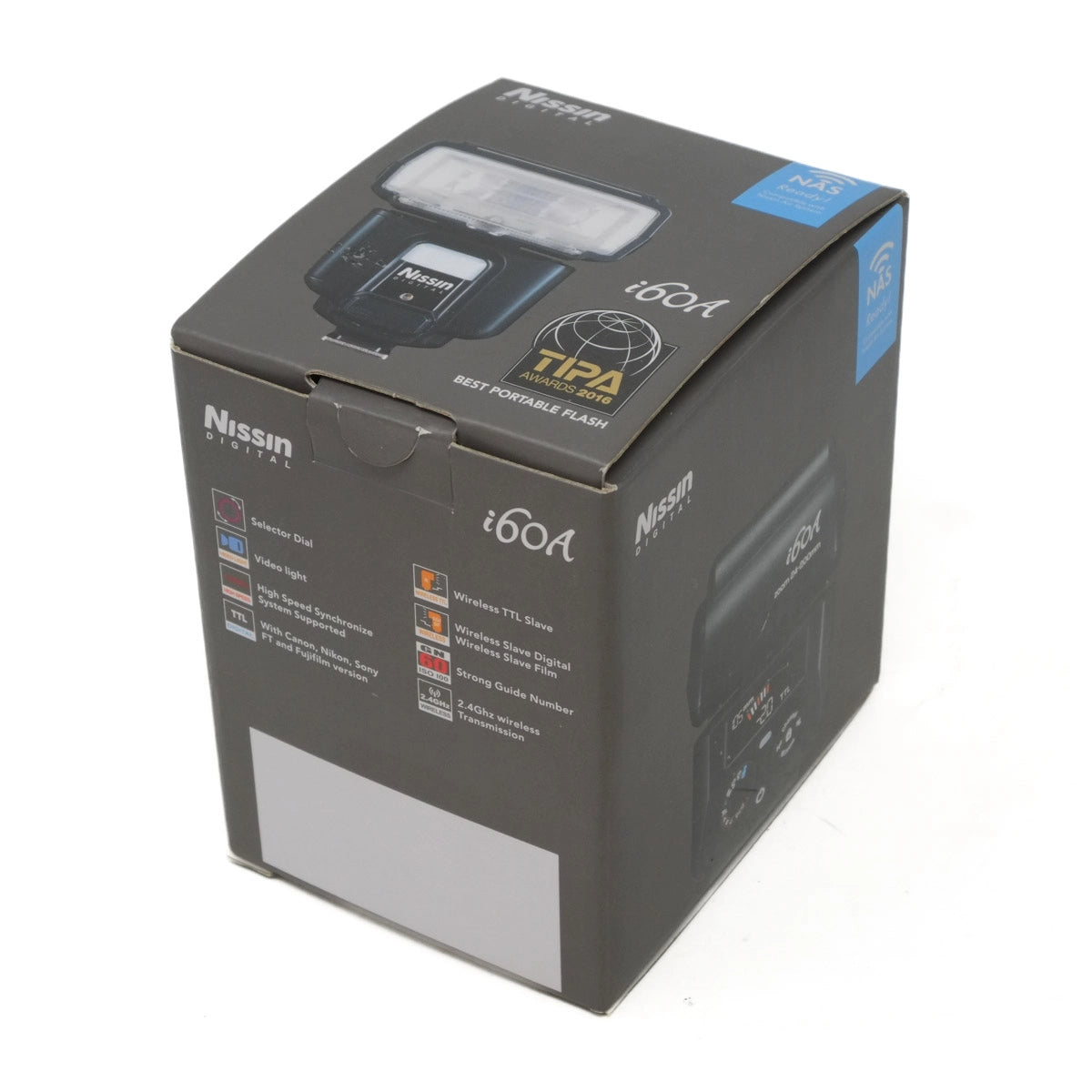 Nissin i60A flash unit packaging on a white background