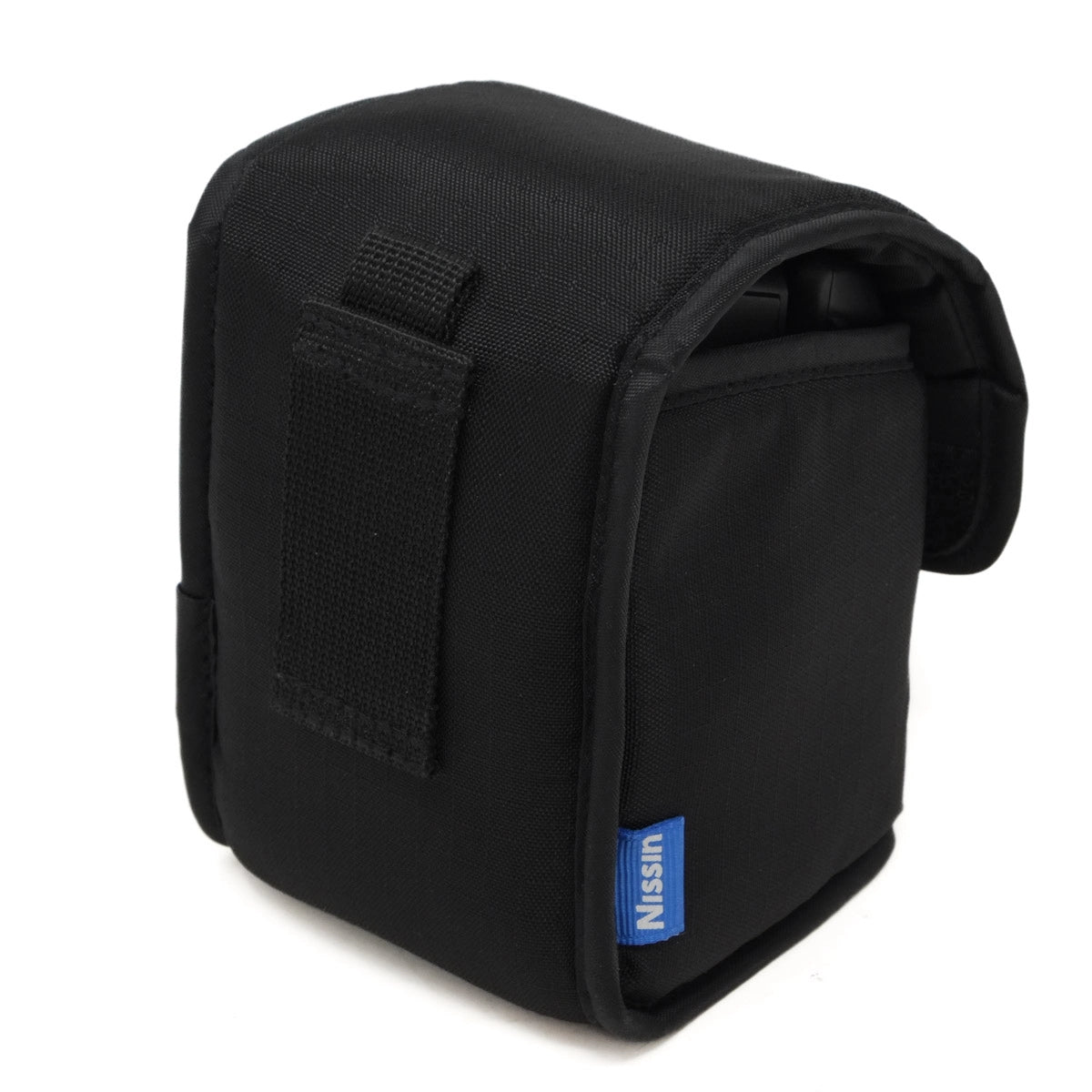 Black camera flash bag with a visible Nissin logo on a white background