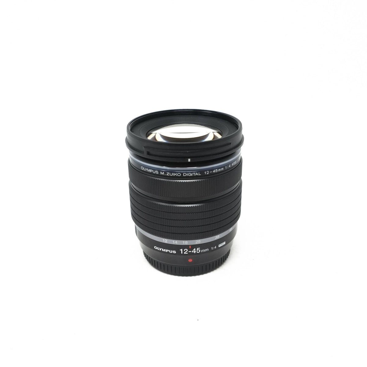 Used OM System 12-45mm F4 Pro Lens - Boxed - Front angle 