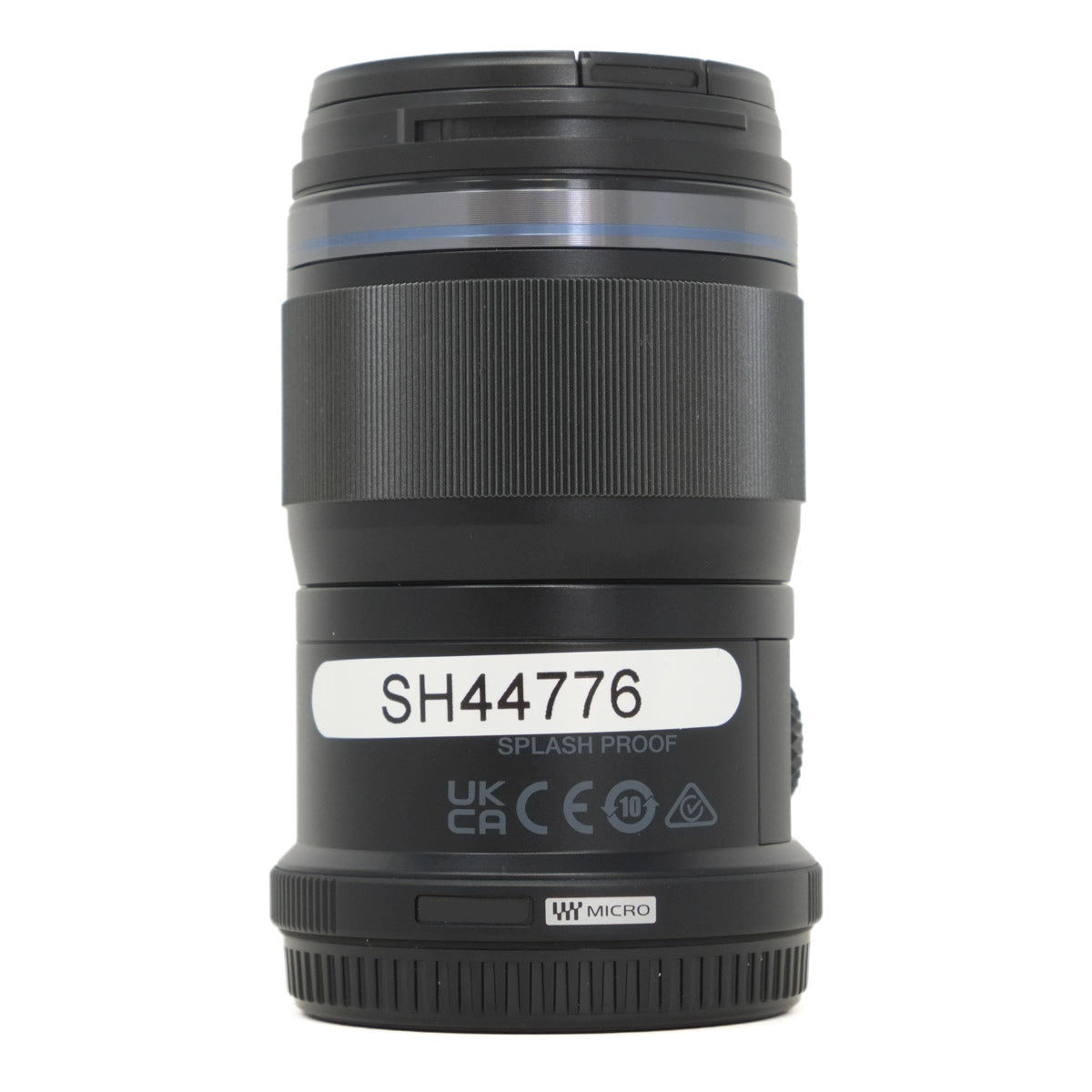 Camera lens with certification labels on a white background