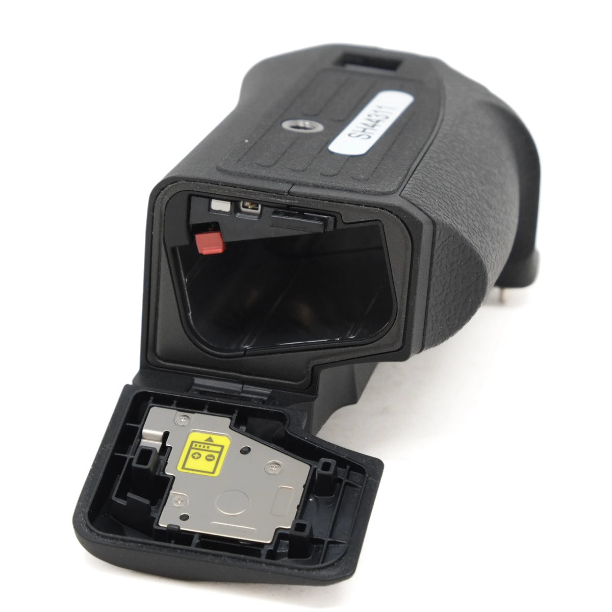 Black handheld device with open cover on a white background