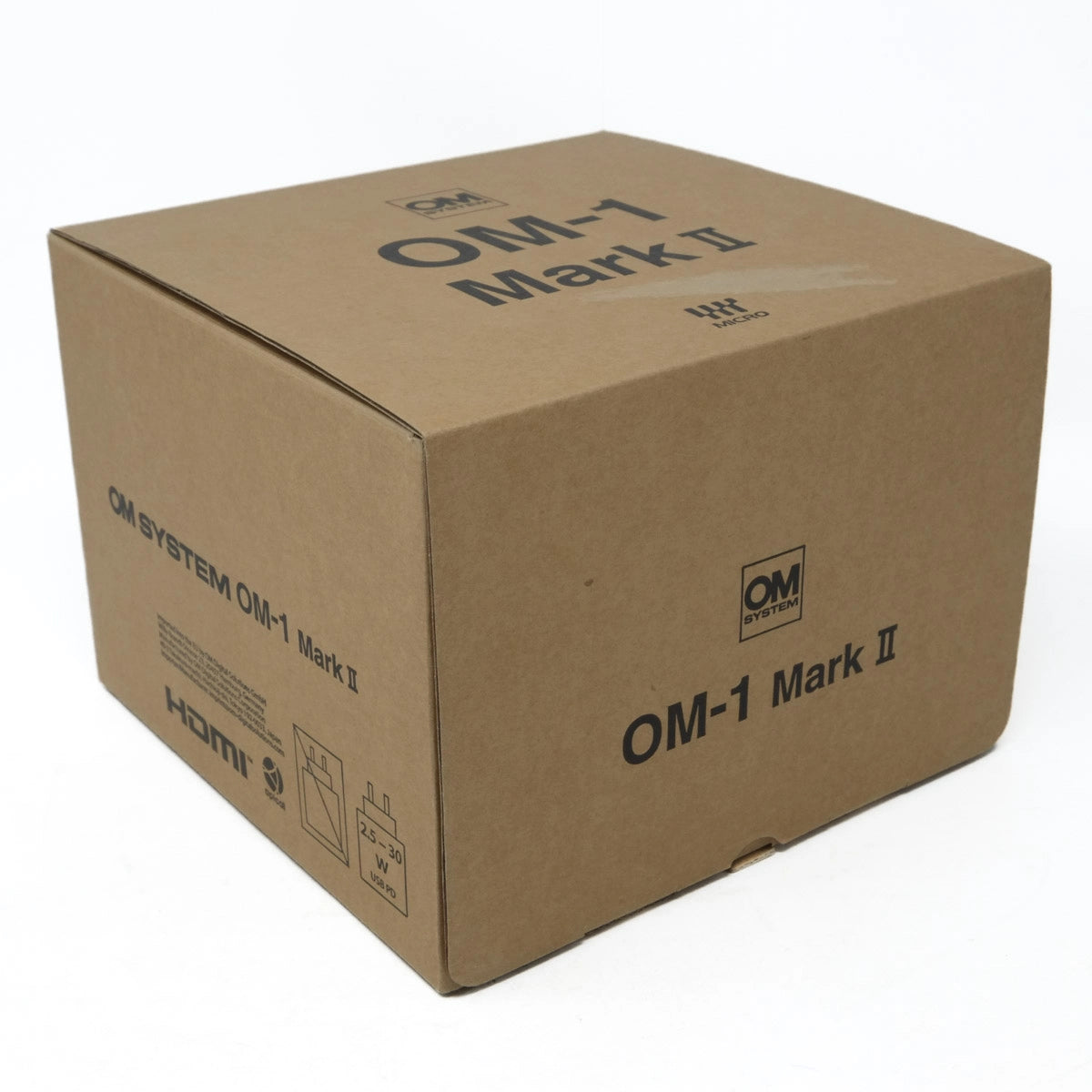 Cardboard box with 'OM-1 Mark II' branding on a white background