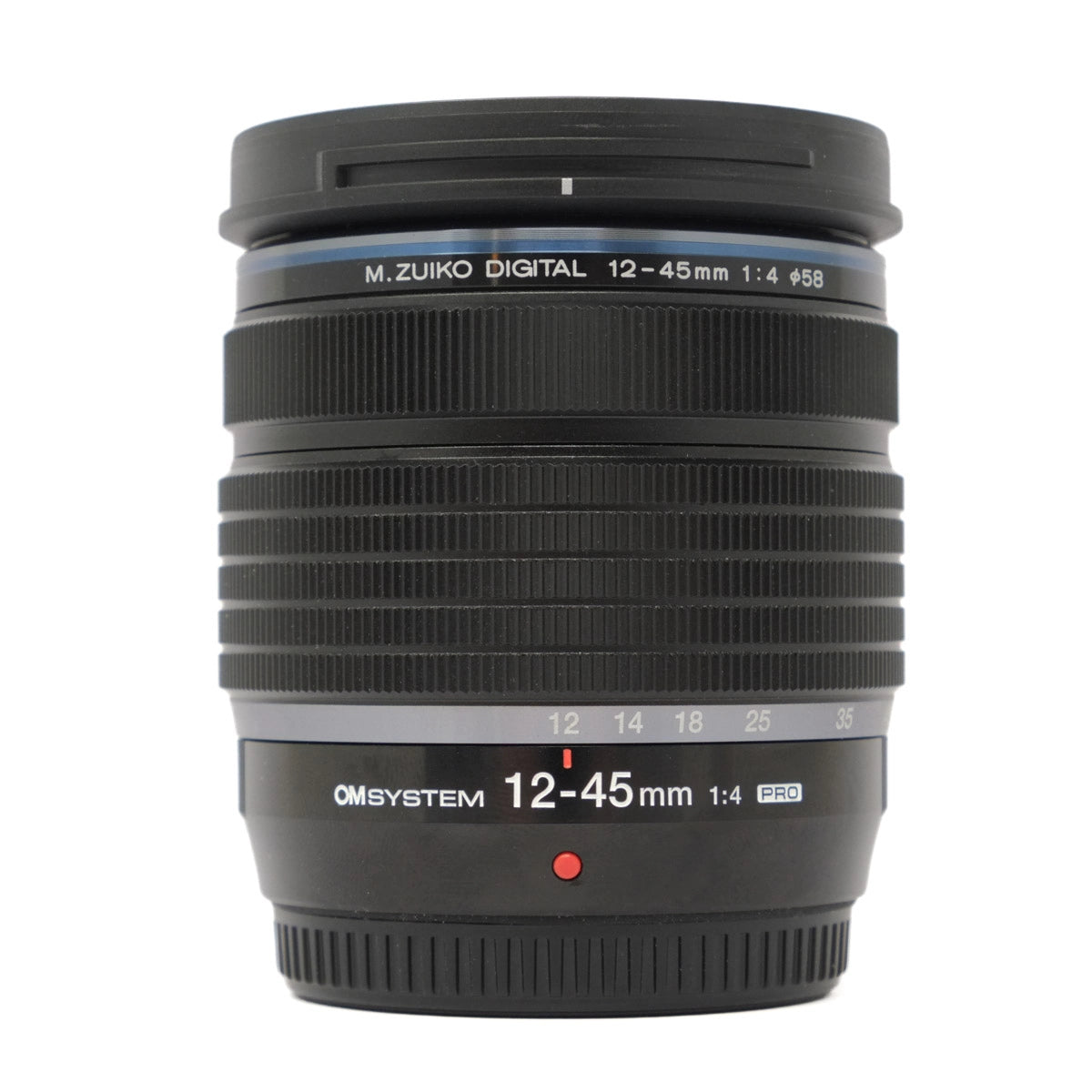 Camera lens with 'M.Zuiko Digital' branding on a white background