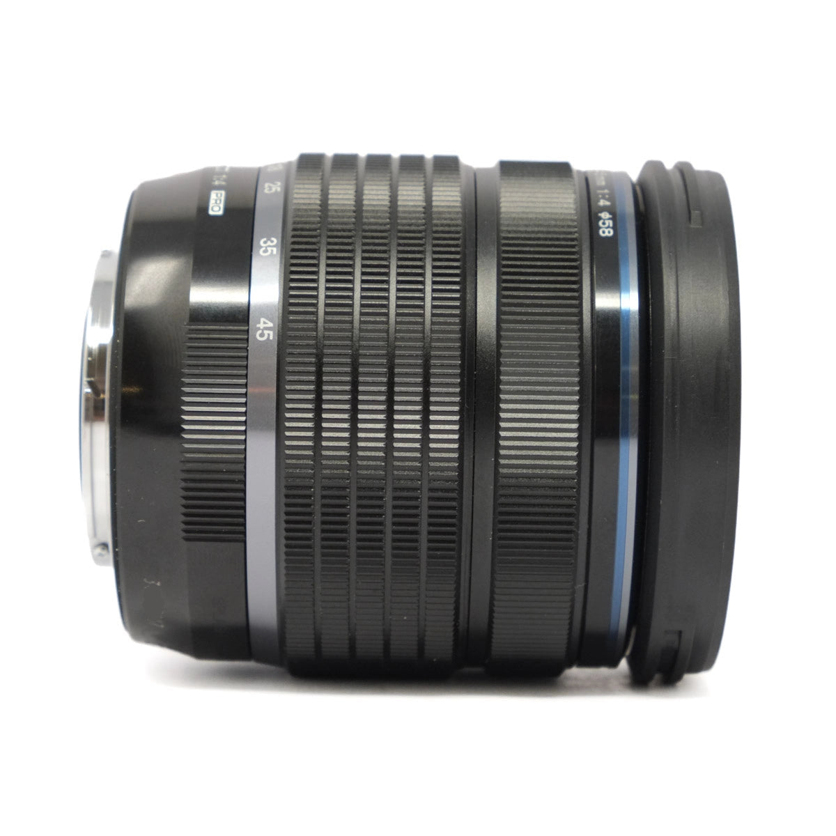 Camera lens with metallic and black design on a white background