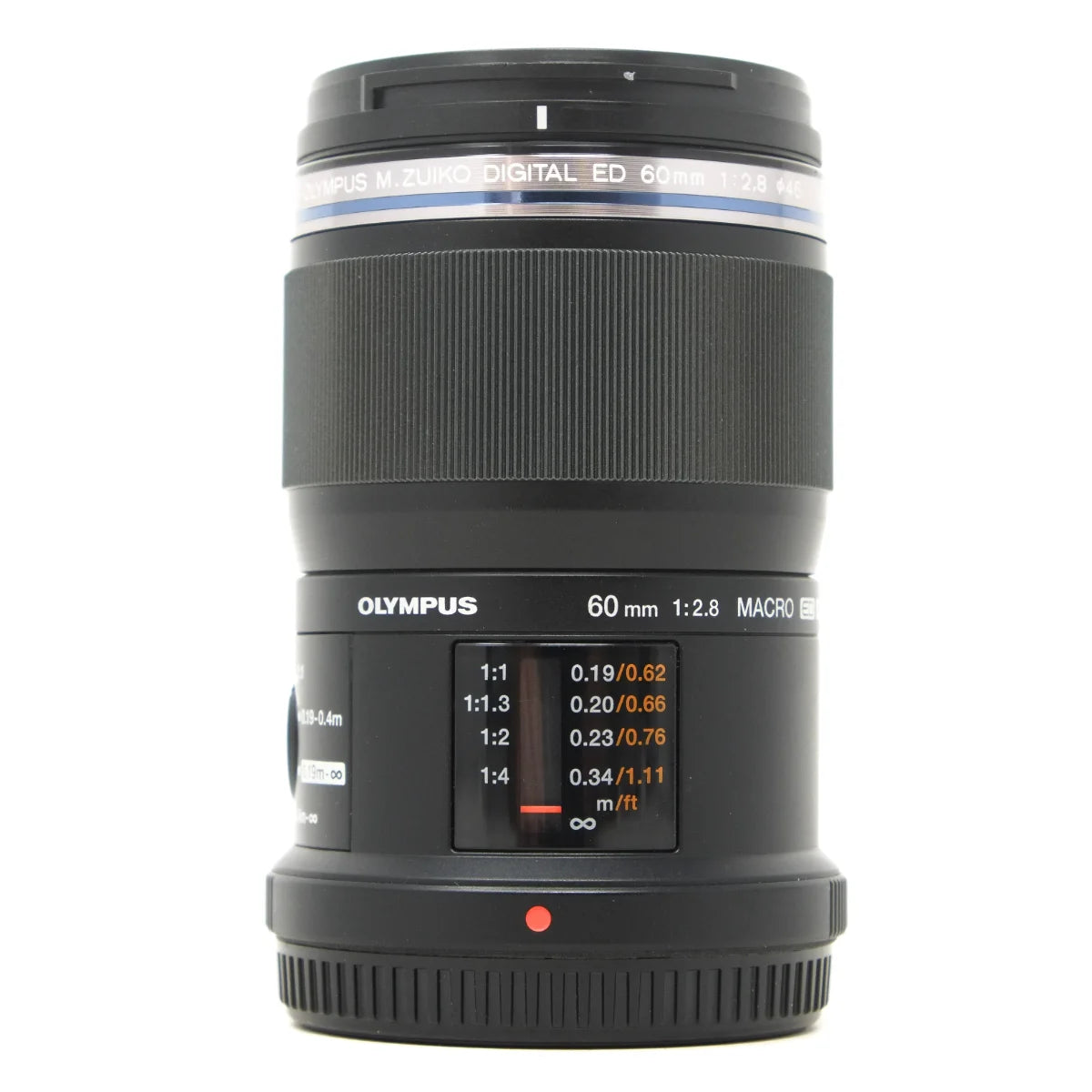 Used OM-System Olympus 60mm F2.8 macro lens MFT - front angle 