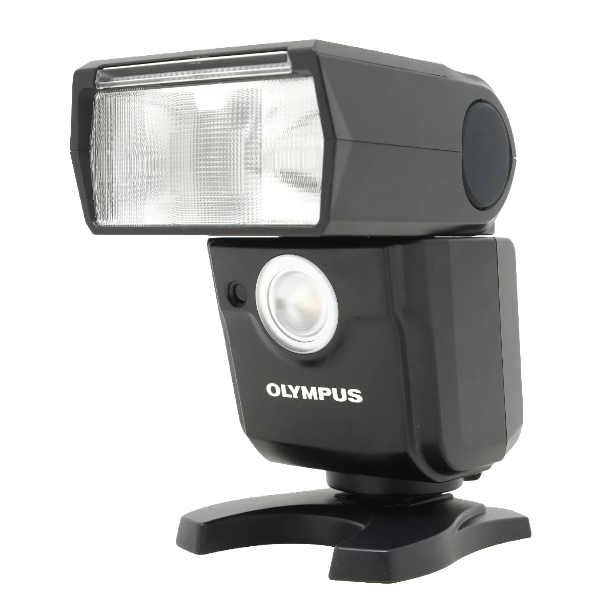 An Olympus external camera flash unit with a black body, featuring a clear diffuser on the front and the white 'OLYMPUS' logo on the side, set against a plain white background.