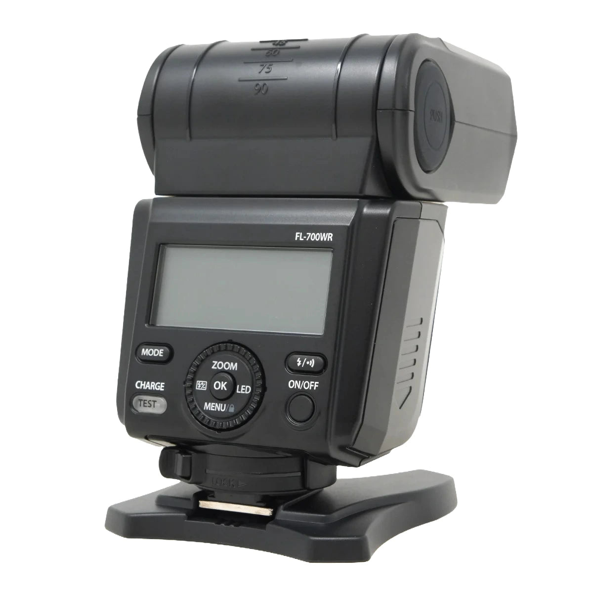 A black Olympus FL-700WR camera flash modulator and hot shoe adapter, shown from a three-quarter angle on a white background.