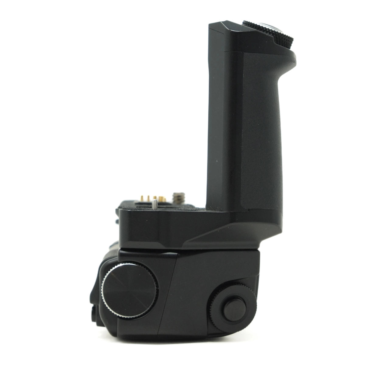 Black camera grip on a white background