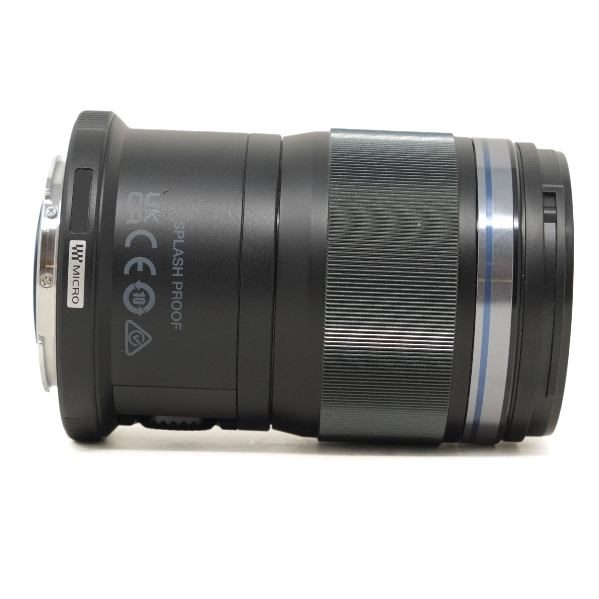 Camera lens with branding and certification logos on a white background