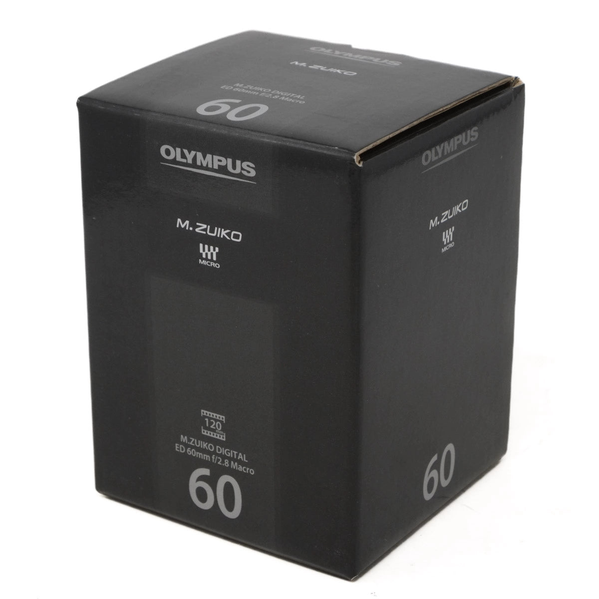 Black box packaging for Olympus M.Zuiko digital lens on a white background