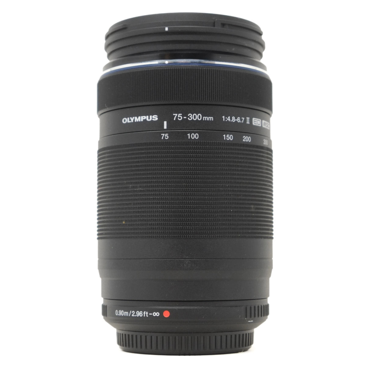 Black Olympus camera lens on a white background