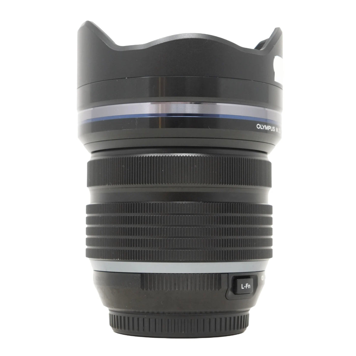 Olympus wide angle lens with a black rubber lens hood, featuring a blue accent ring and a silver metal band, shown on a white background.