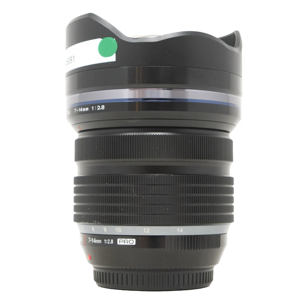 A black Olympus 7-14mm f/2.8 Pro lens with a petal-shaped lens hood, shown against a plain white background.