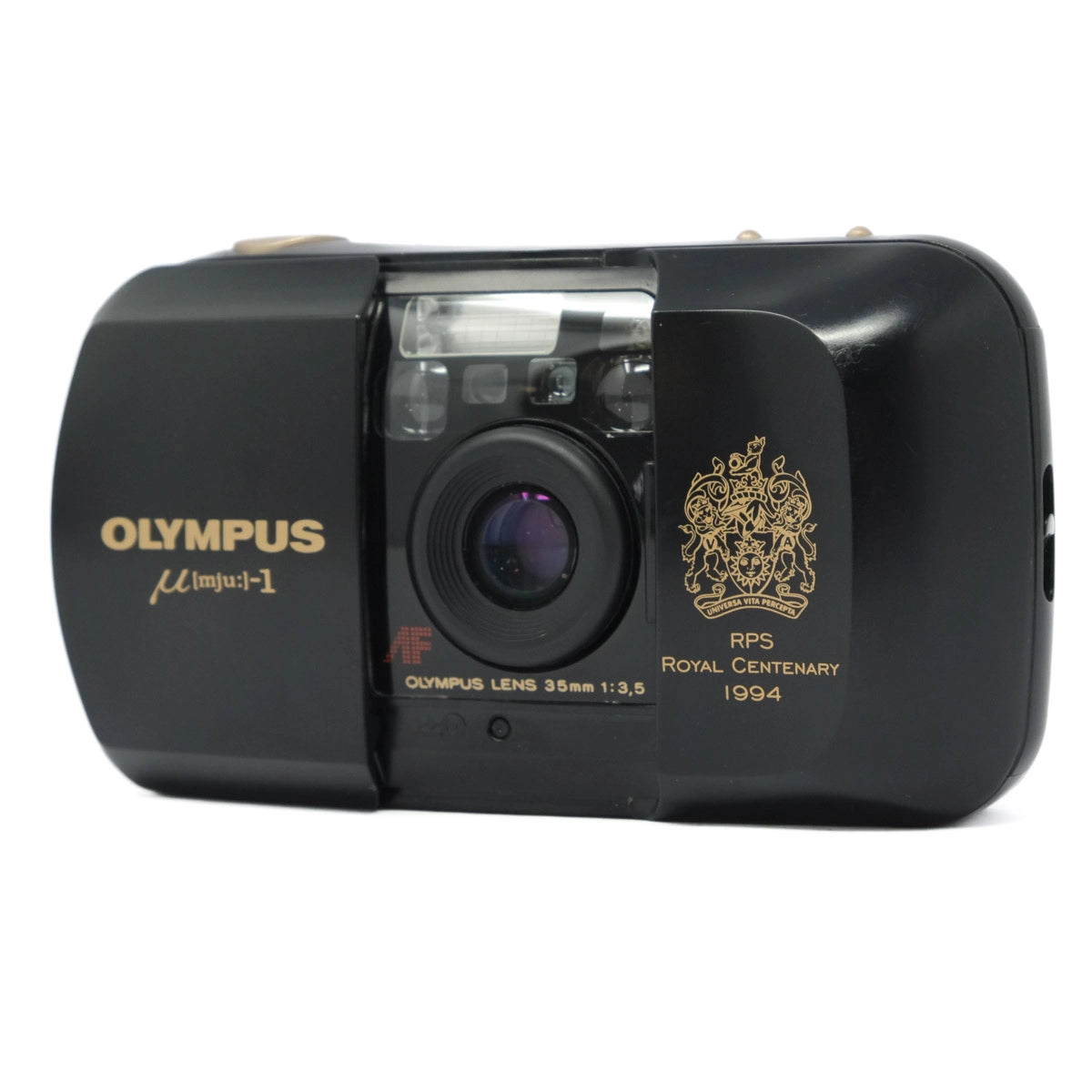 Black Olympus camera with gold branding on a white background