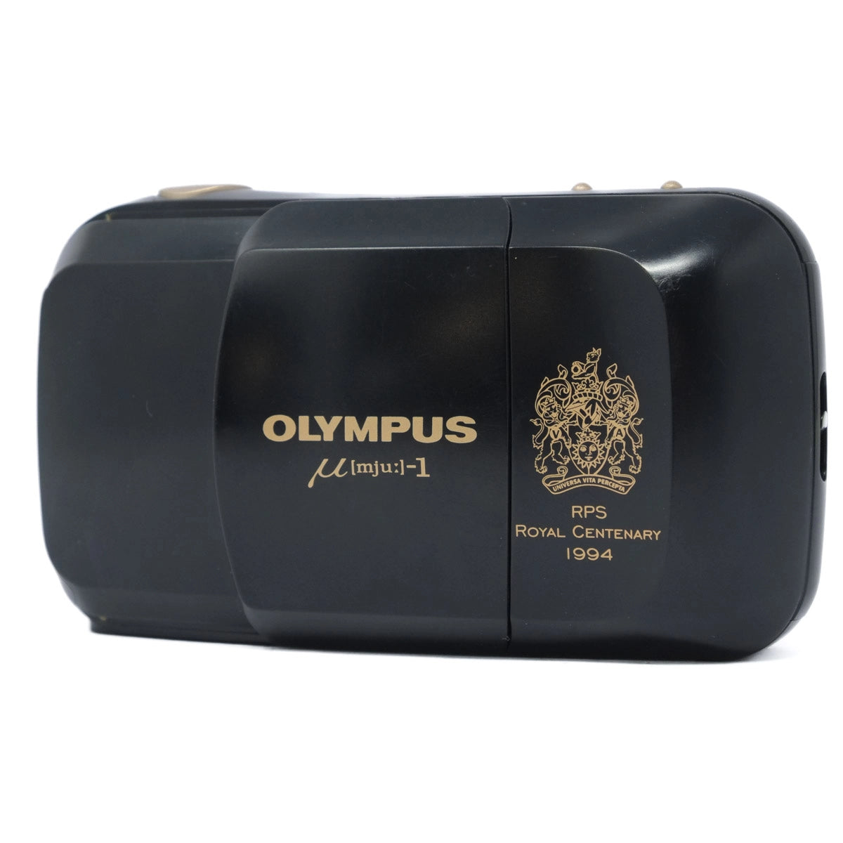 Black Olympus camera with gold text and logo on a white background