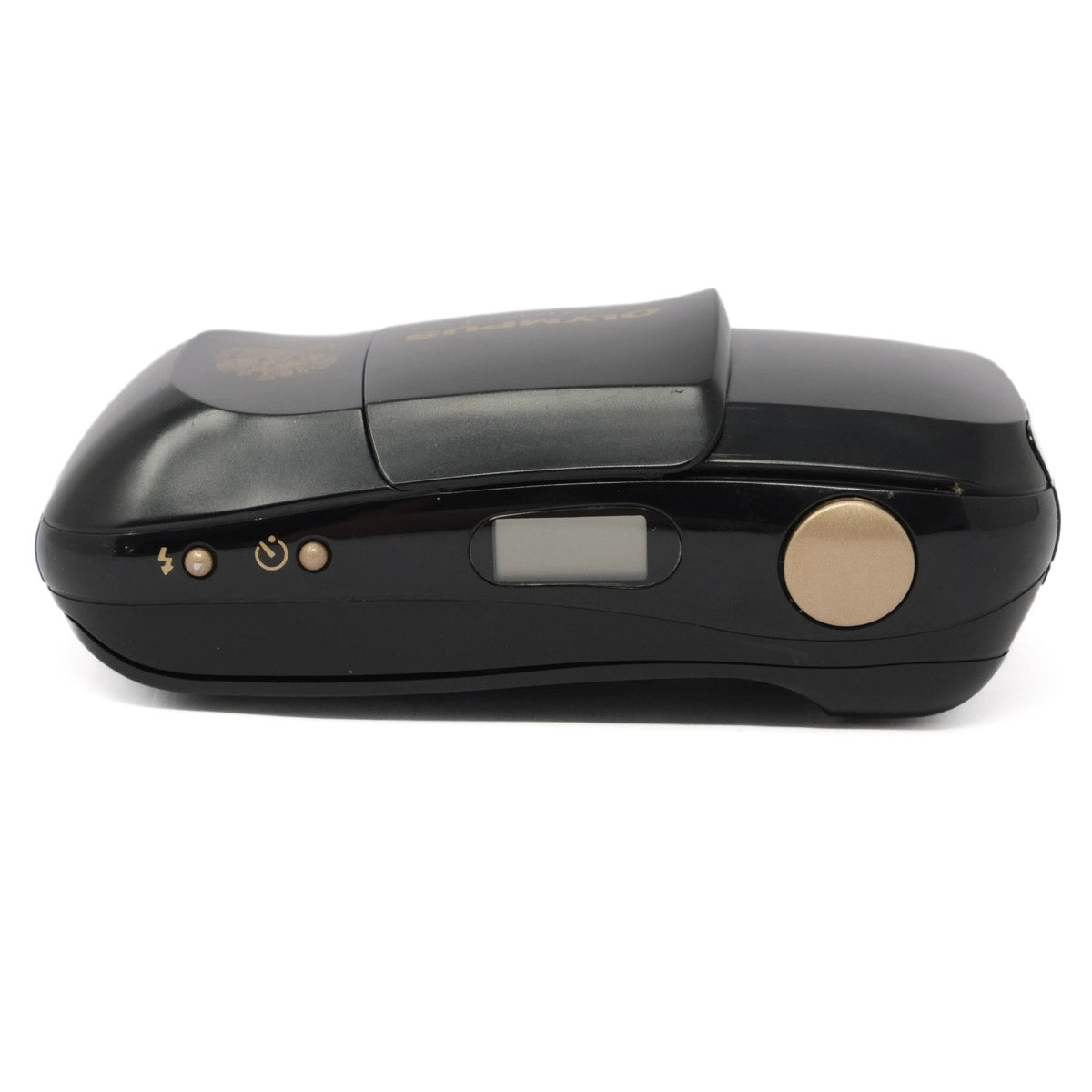 Black electronic device with a digital display on a white background