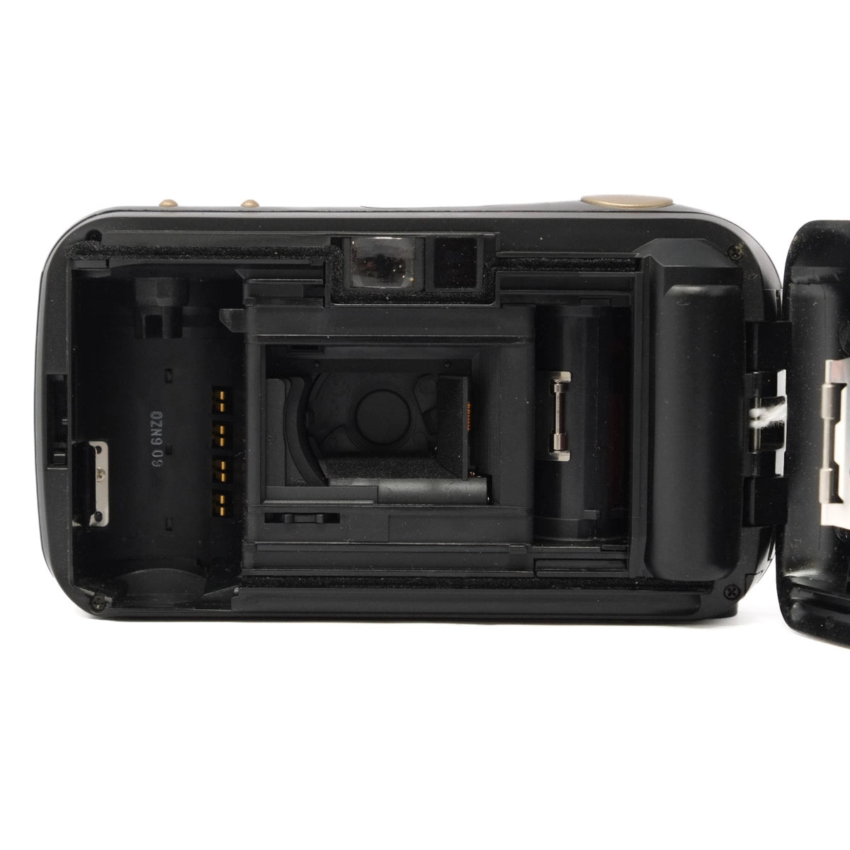 Back view of a black electronic device with visible components on a white background