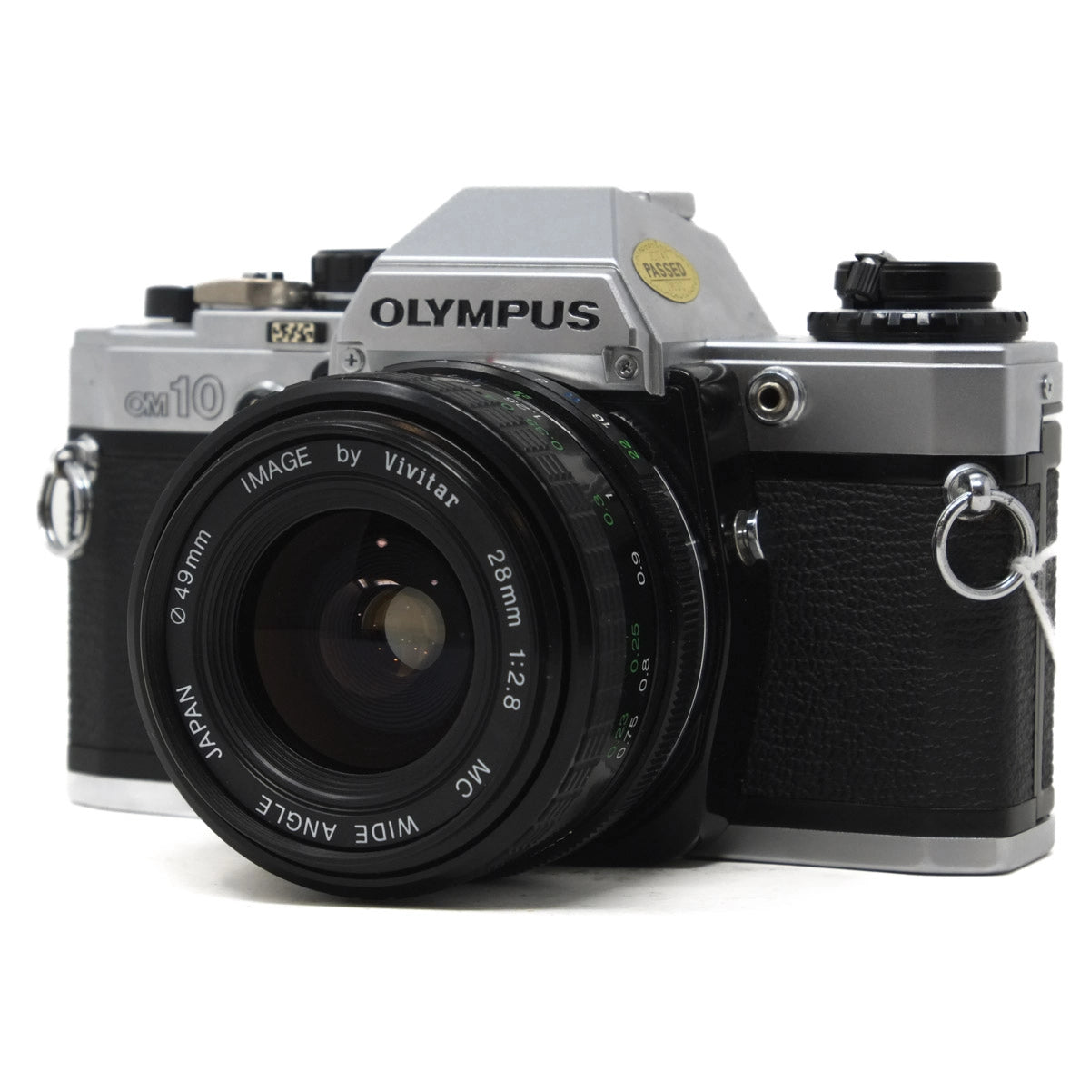 Used Olympus OM-10 35mm Film Camera + 28mm F2.8 Lens - Front angle 