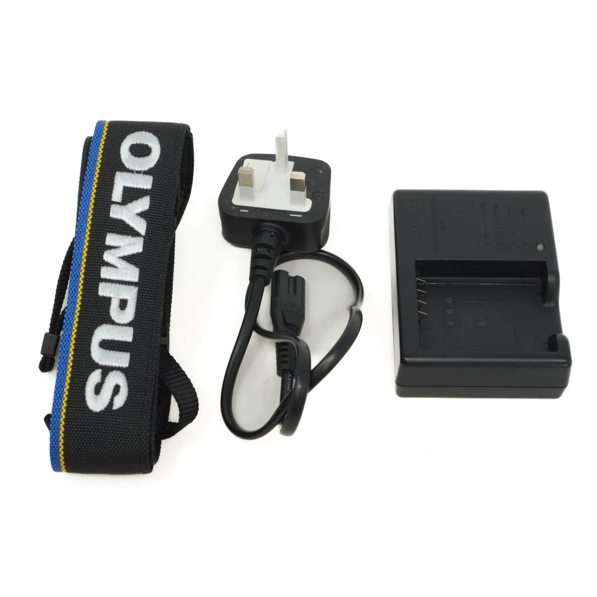 Olympus camera strap and charger on a white background