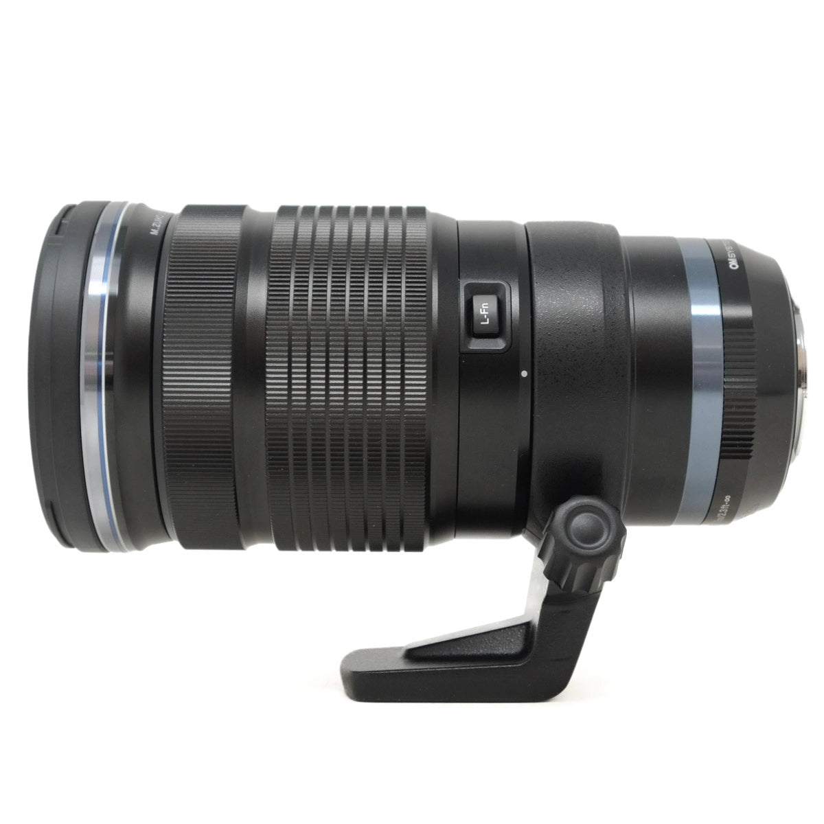 Camera lens with focus ring on a white background