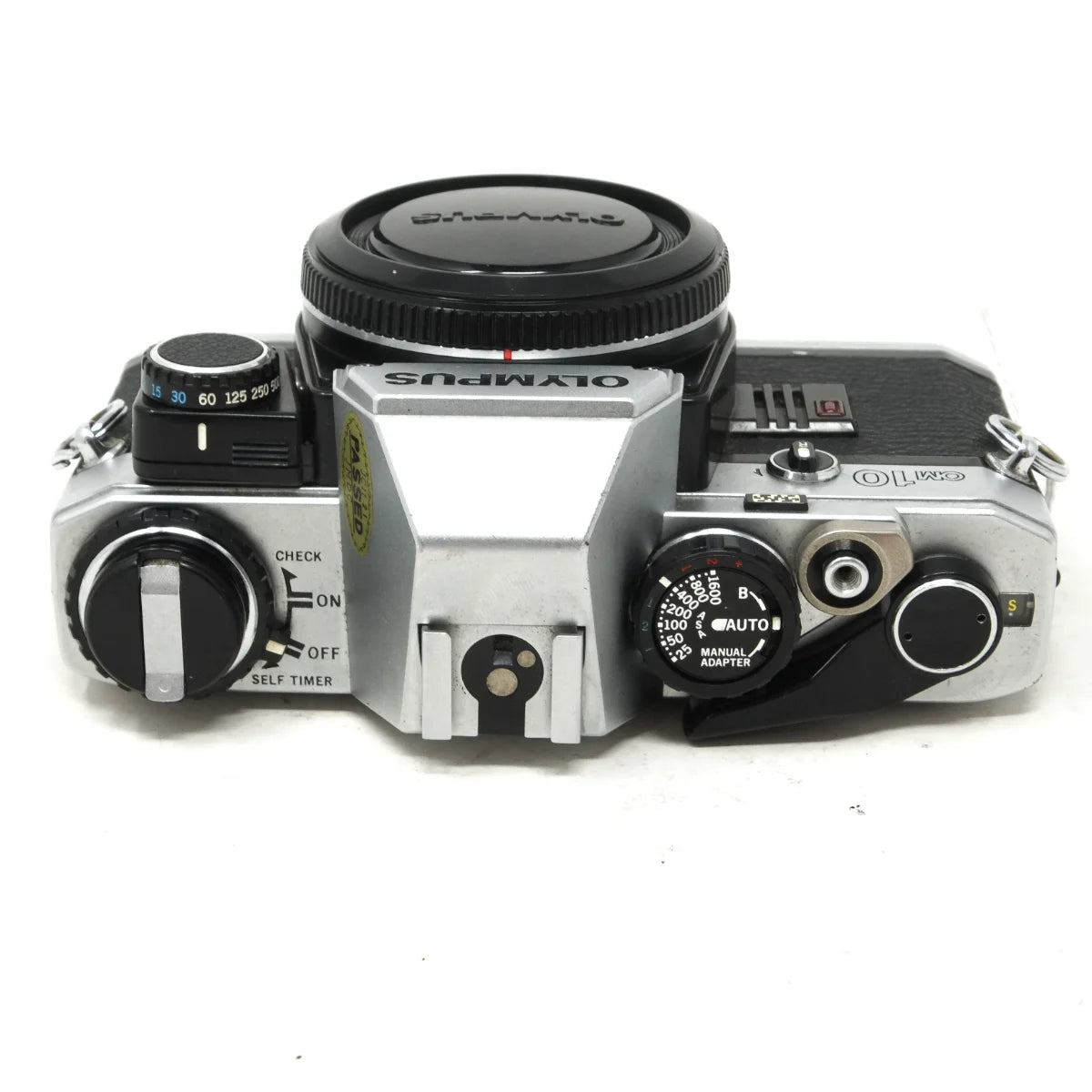 Used Olympus OM10 Film camera body with Manual Adaptor - top angle 