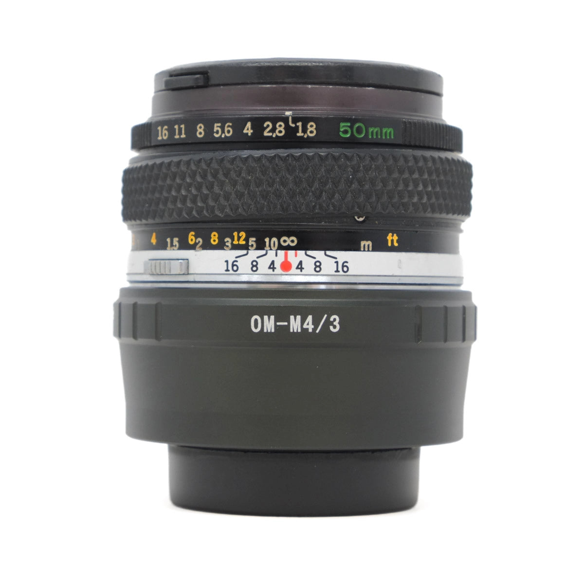 Camera lens with focus and aperture information on a white background