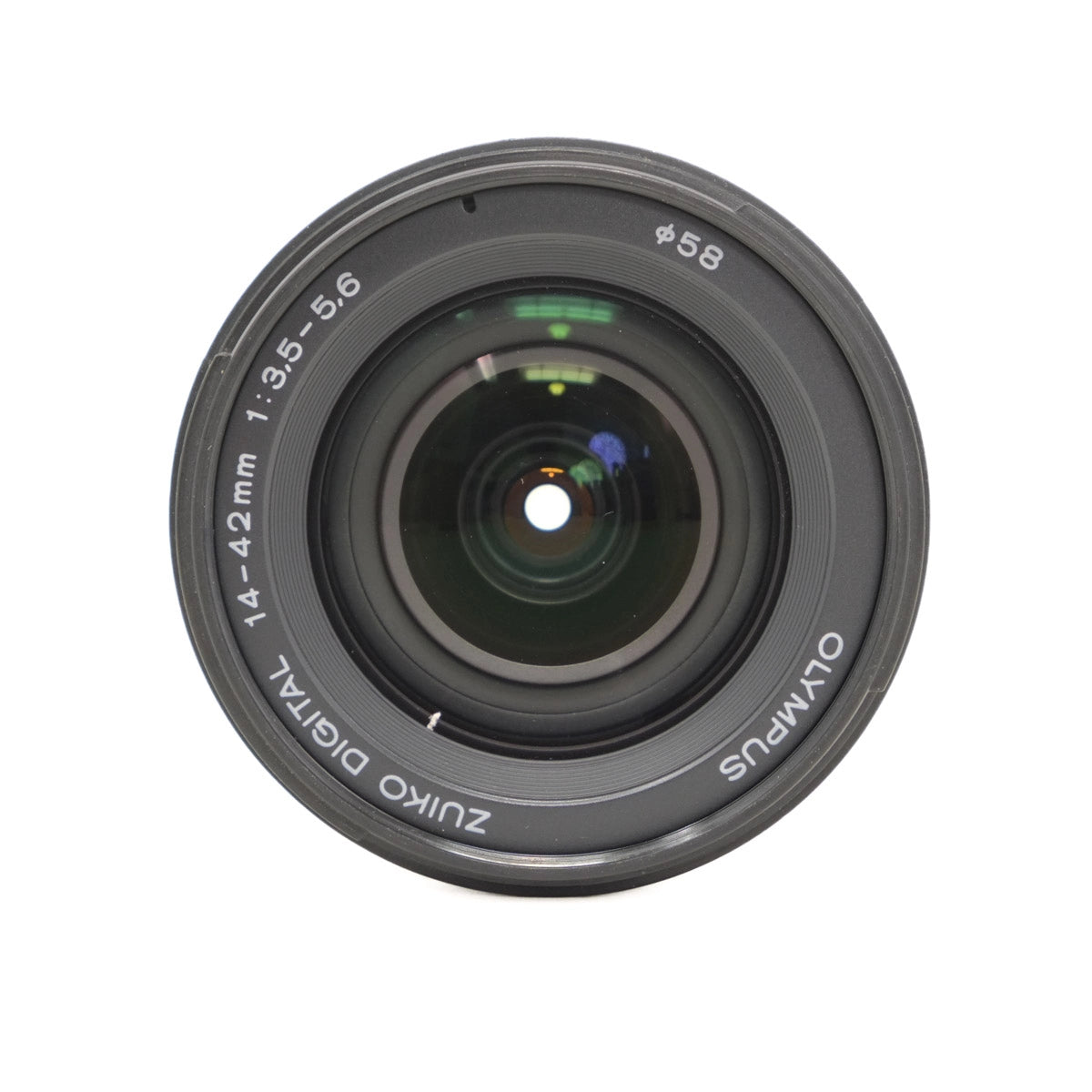 Camera lens with 'Olympus' branding on a white background