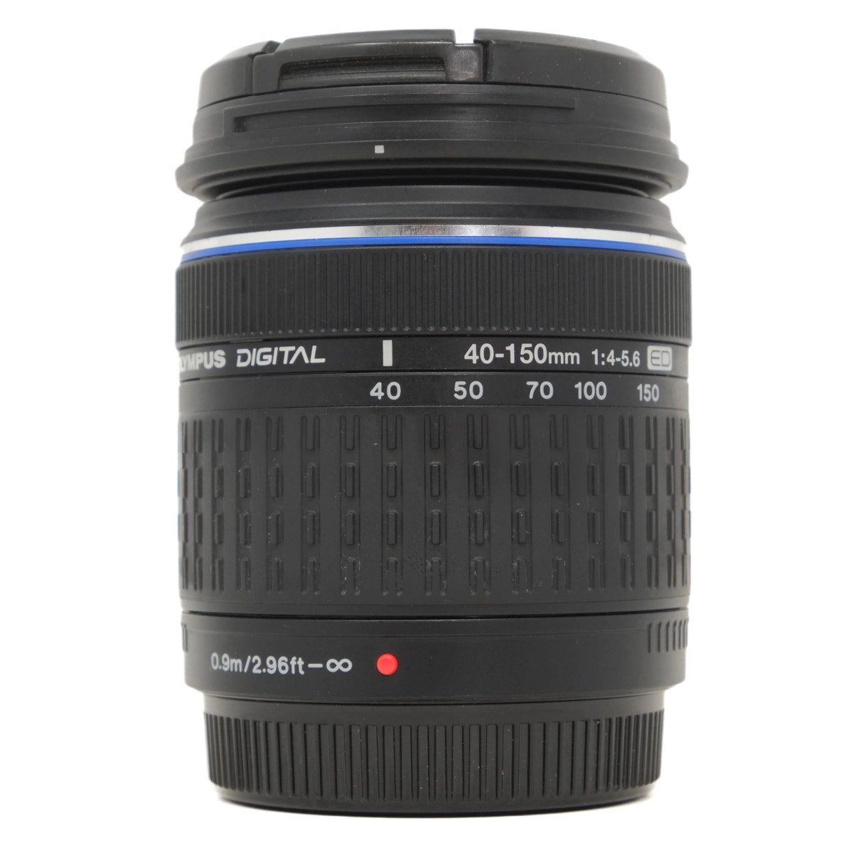 Camera lens with brand name on a white background