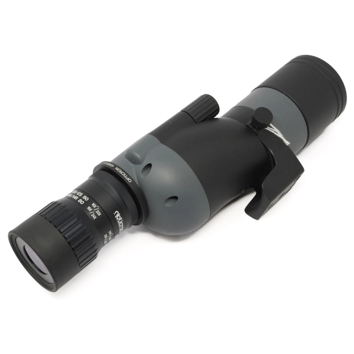 Black and gray spotting scope on a white background
