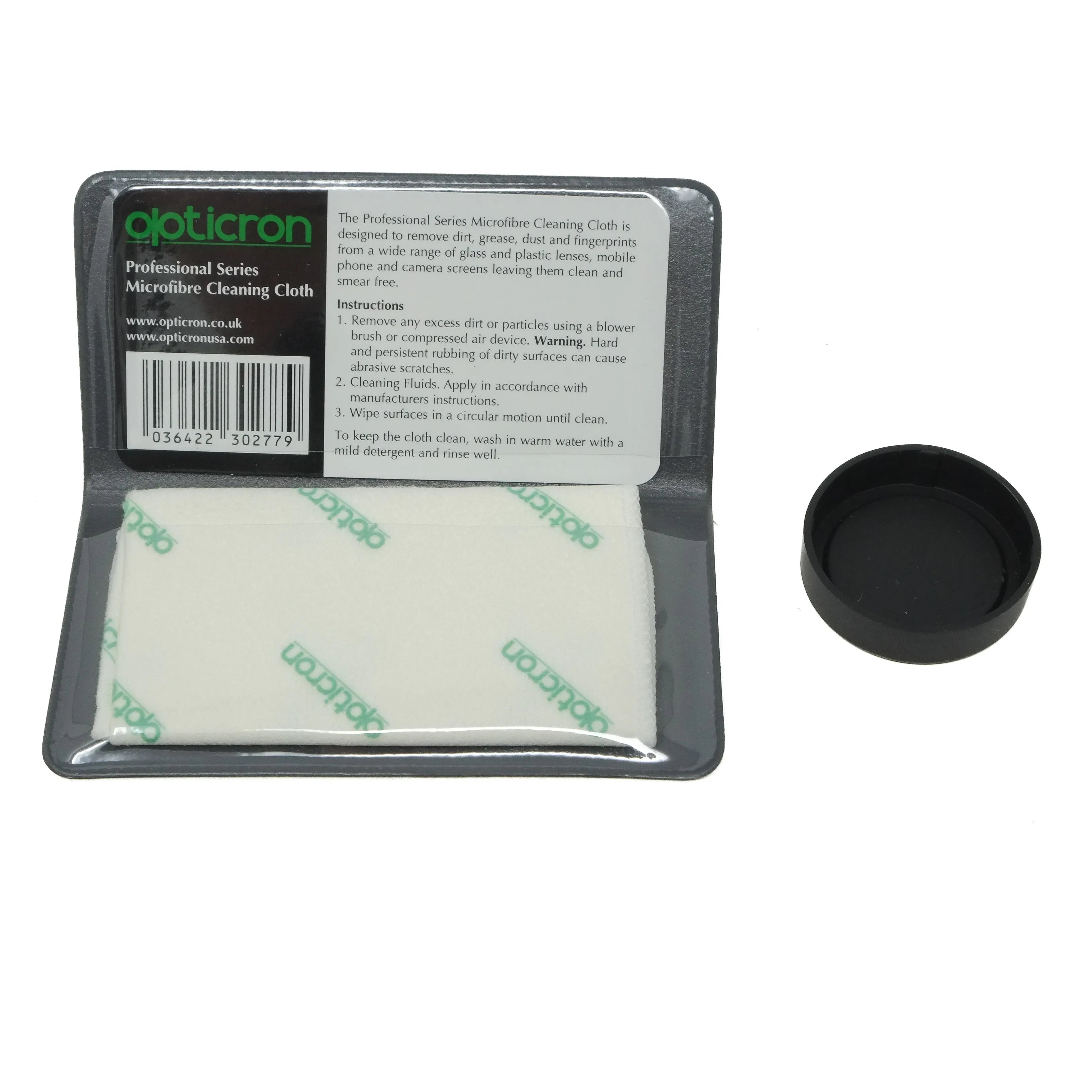 Opticron microfiber cleaning cloth in packaging with a black cap on a white background