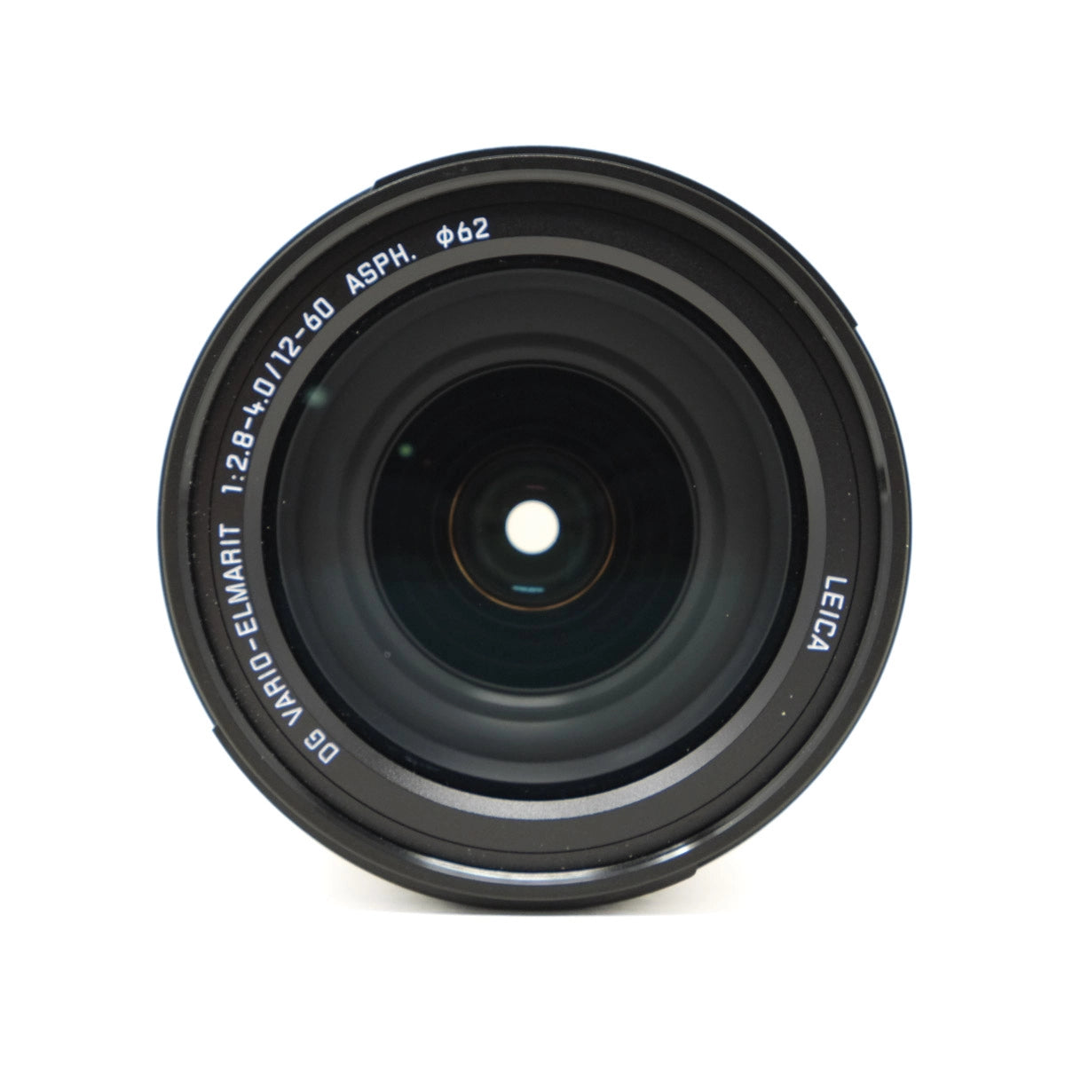 Black camera lens with Leica branding on a white background