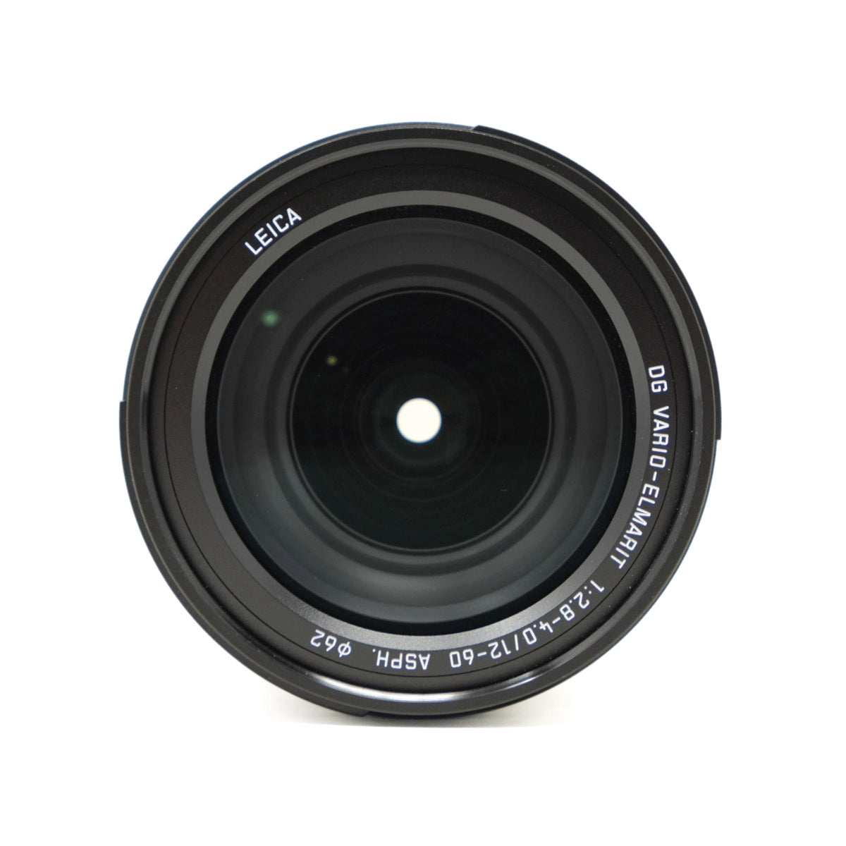 Black camera lens with Leica branding on a white background