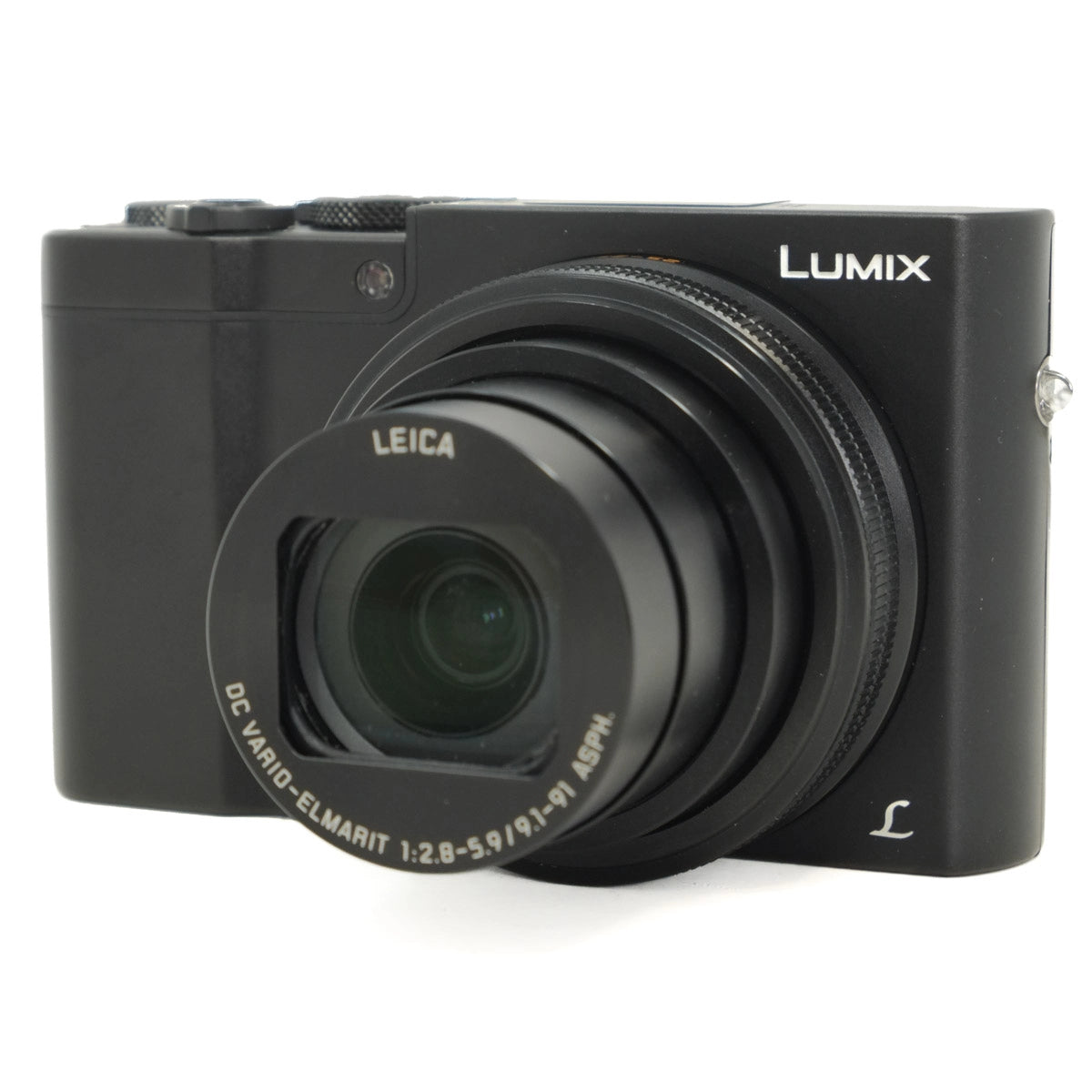 Black Panasonic Lumix camera with Leica lens on a white background