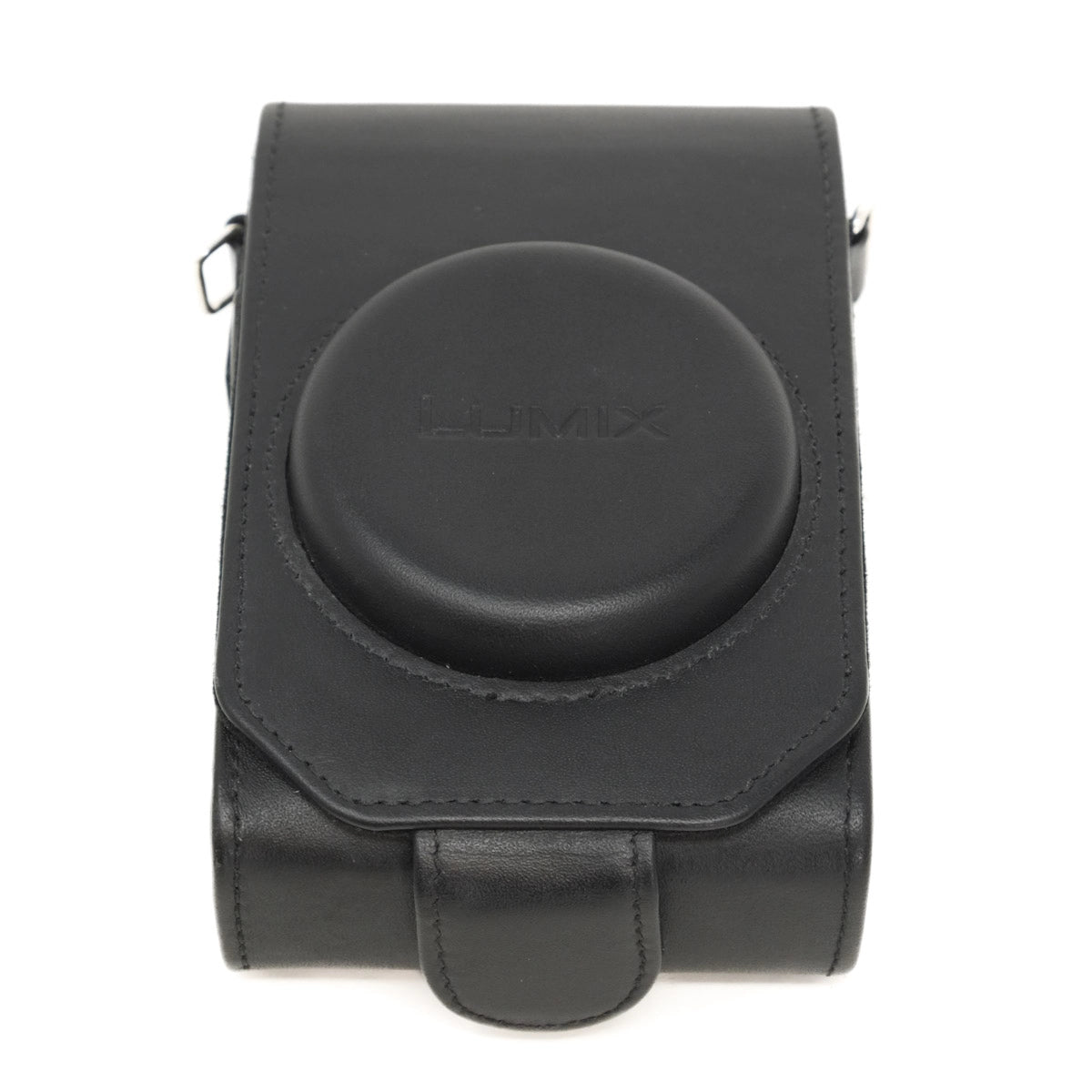 Black camera case with 'Lumix' branding on a white background