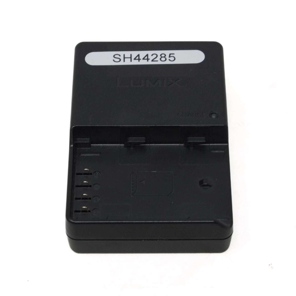 Black battery charger with 'LUMIX' branding on a white background