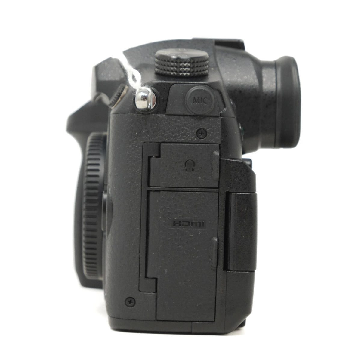Black camera body with body cap on a white background