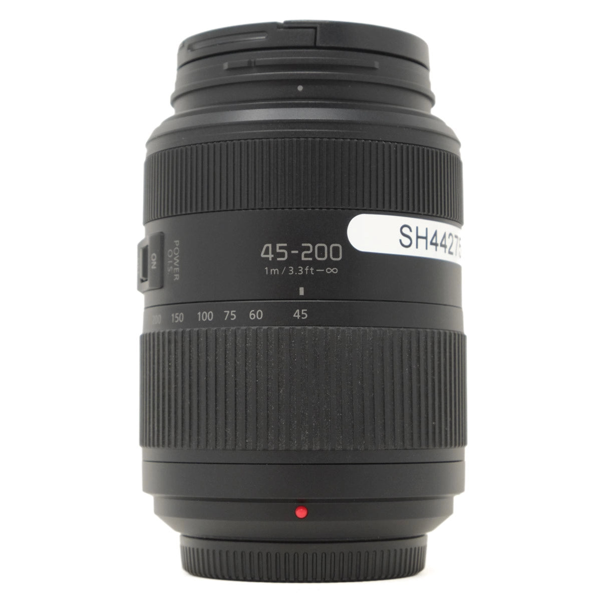 Camera lens with specifications on a white background