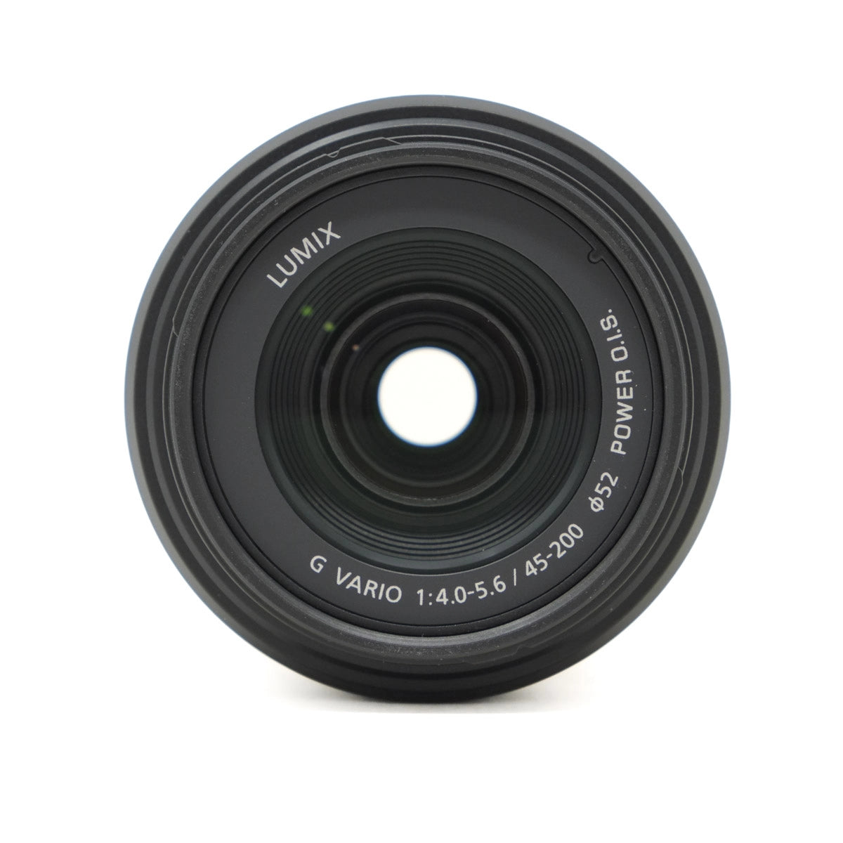 Camera lens with 'LUMIX' branding on a white background
