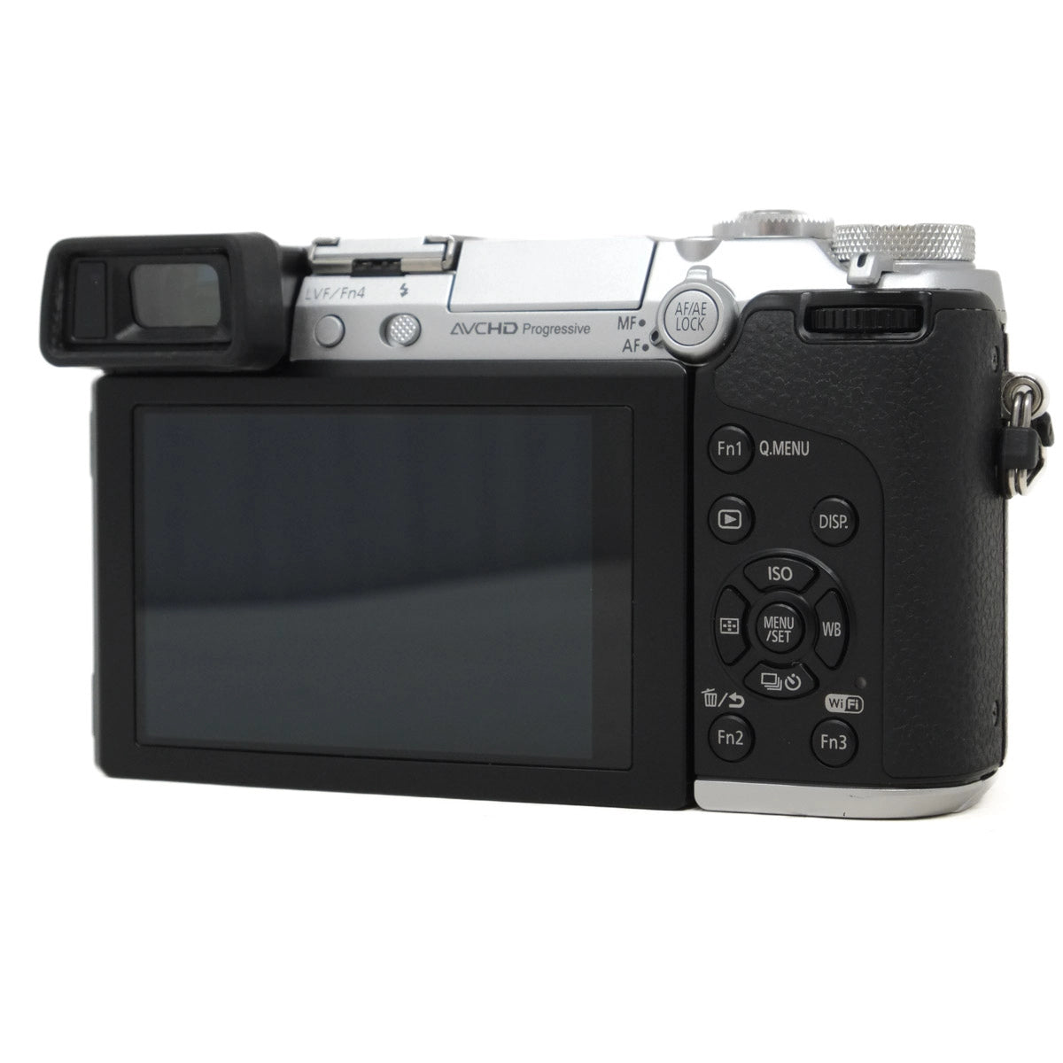 Back view of a camera with screen and control buttons on a white background