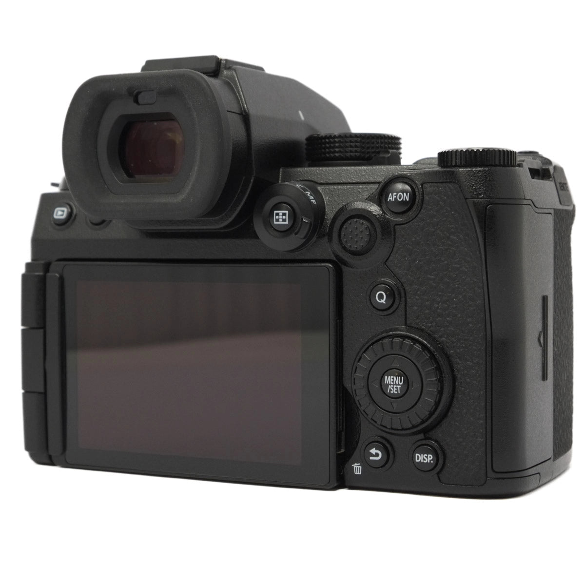 Black camera with screen and control buttons on a white background