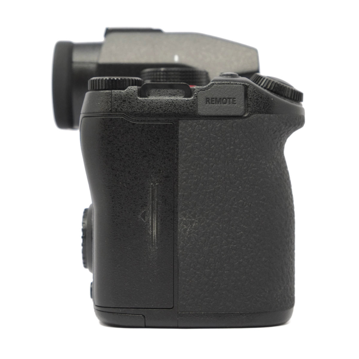 Black camera body on a white background